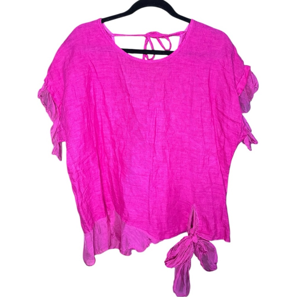 Anyma 100% Linen Silk Sleeve Ruffle details‎ hot pink M/L